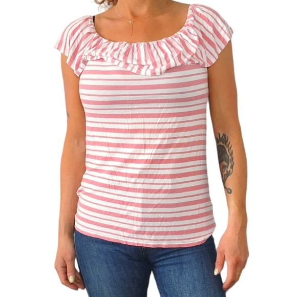Reitmans Size X Small Striped Off Shouldered Ruffled Short Sleeve Blouse Pink Wh - Picture 1 of 4